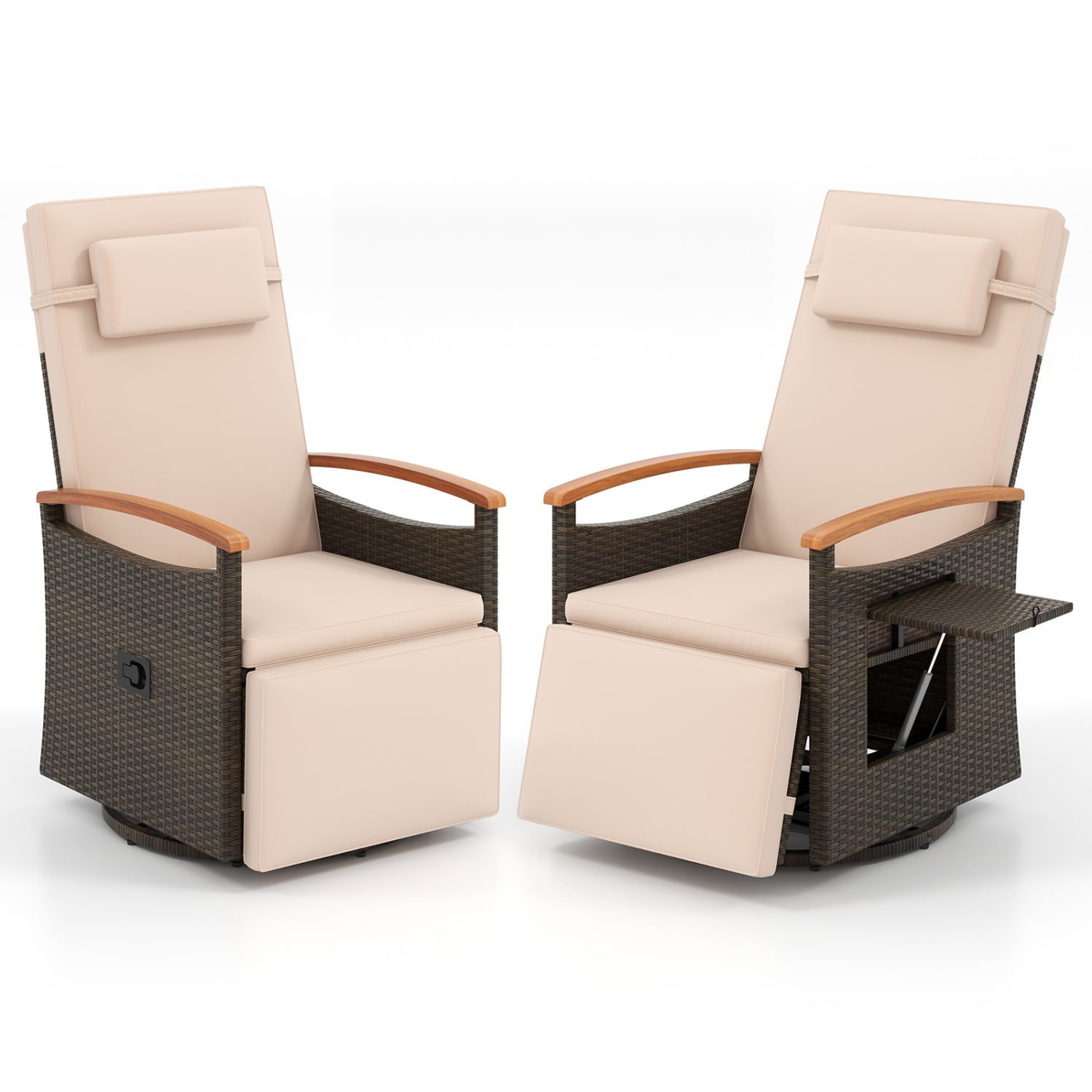 Set of 2 Patio Rattan 360° Swivel Recliner Chair with Adjustable Backrest and Footrest, Beige Outdoor Chaise Lounges at Gallery Canada