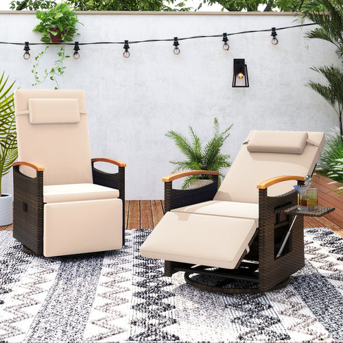Set of 2 Patio Rattan 360° Swivel Recliner Chair with Adjustable Backrest and Footrest, Beige