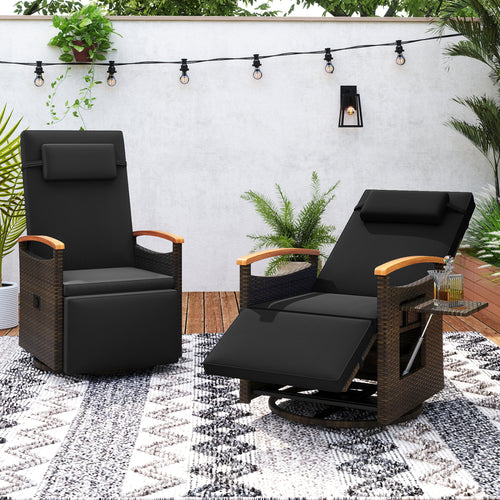 Set of 2 Patio Rattan 360° Swivel Recliner Chair with Adjustable Backrest and Footrest, Black