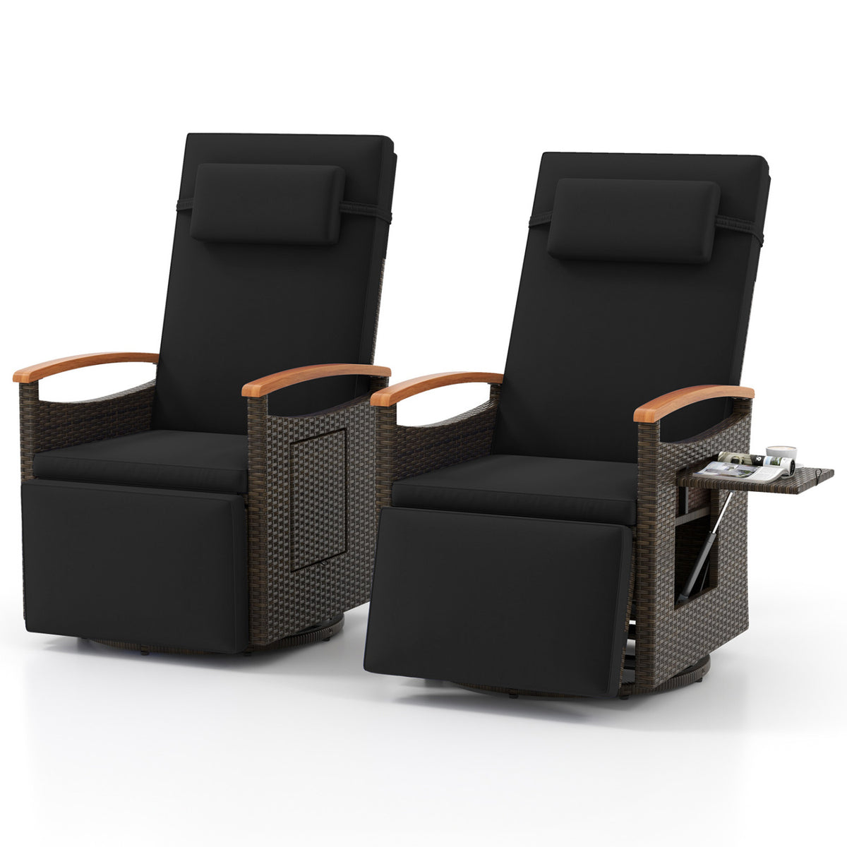 Set of 2 Patio Rattan 360° Swivel Recliner Chair with Adjustable Backrest and Footrest, Black Outdoor Chaise Lounges at Gallery Canada