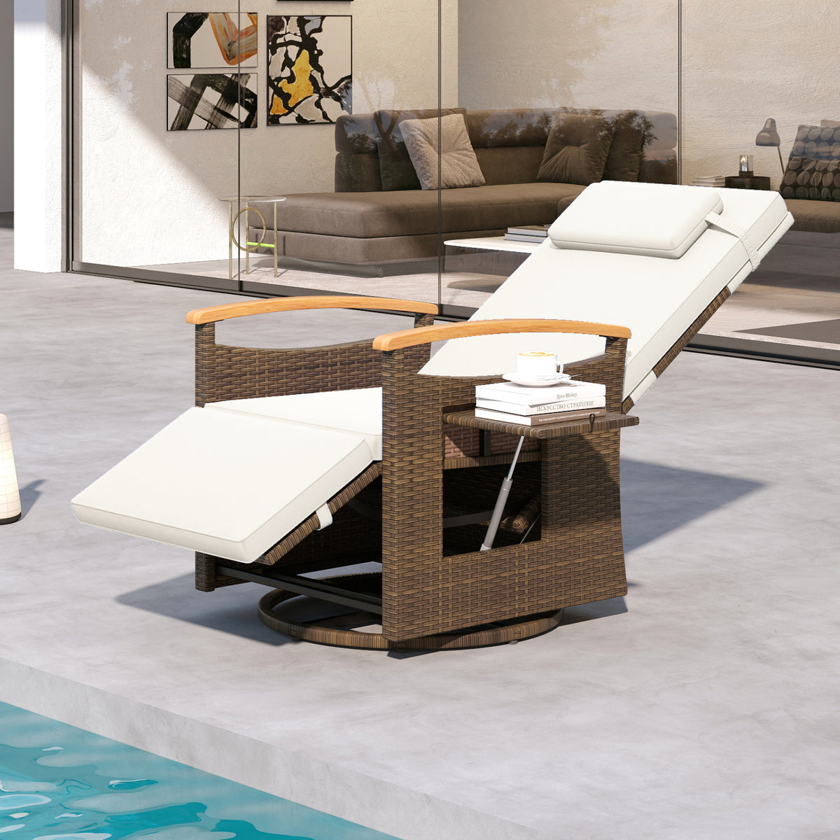 Set of 2 Patio Rattan 360° Swivel Recliner Chair with Adjustable Backrest and Footrest, White Outdoor Chaise Lounges at Gallery Canada