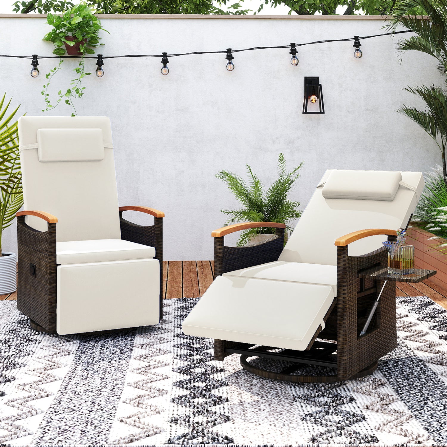 Set of 2 Patio Rattan 360° Swivel Recliner Chair with Adjustable Backrest and Footrest, White Outdoor Chaise Lounges at Gallery Canada
