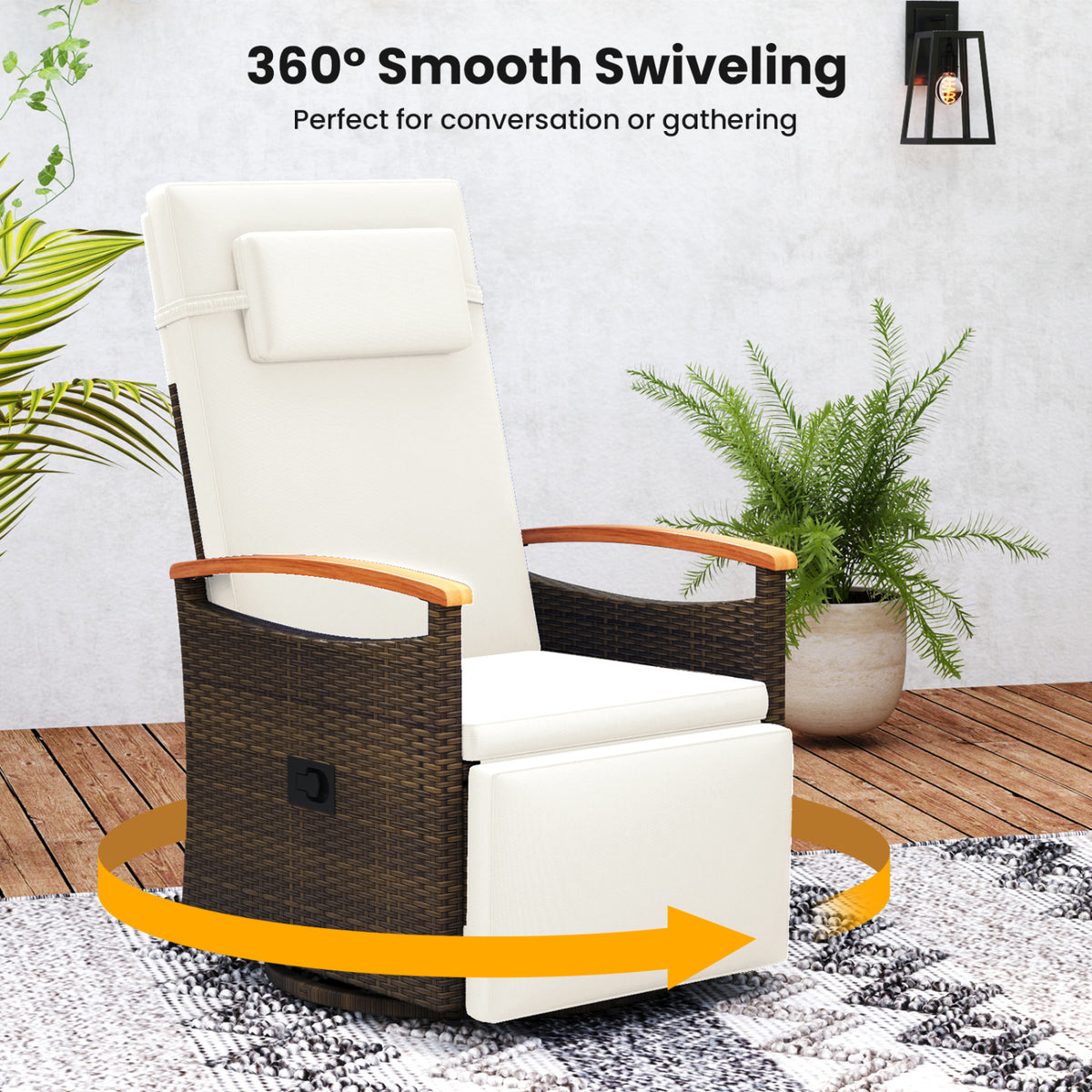 Set of 2 Patio Rattan 360° Swivel Recliner Chair with Adjustable Backrest and Footrest, White Outdoor Chaise Lounges at Gallery Canada