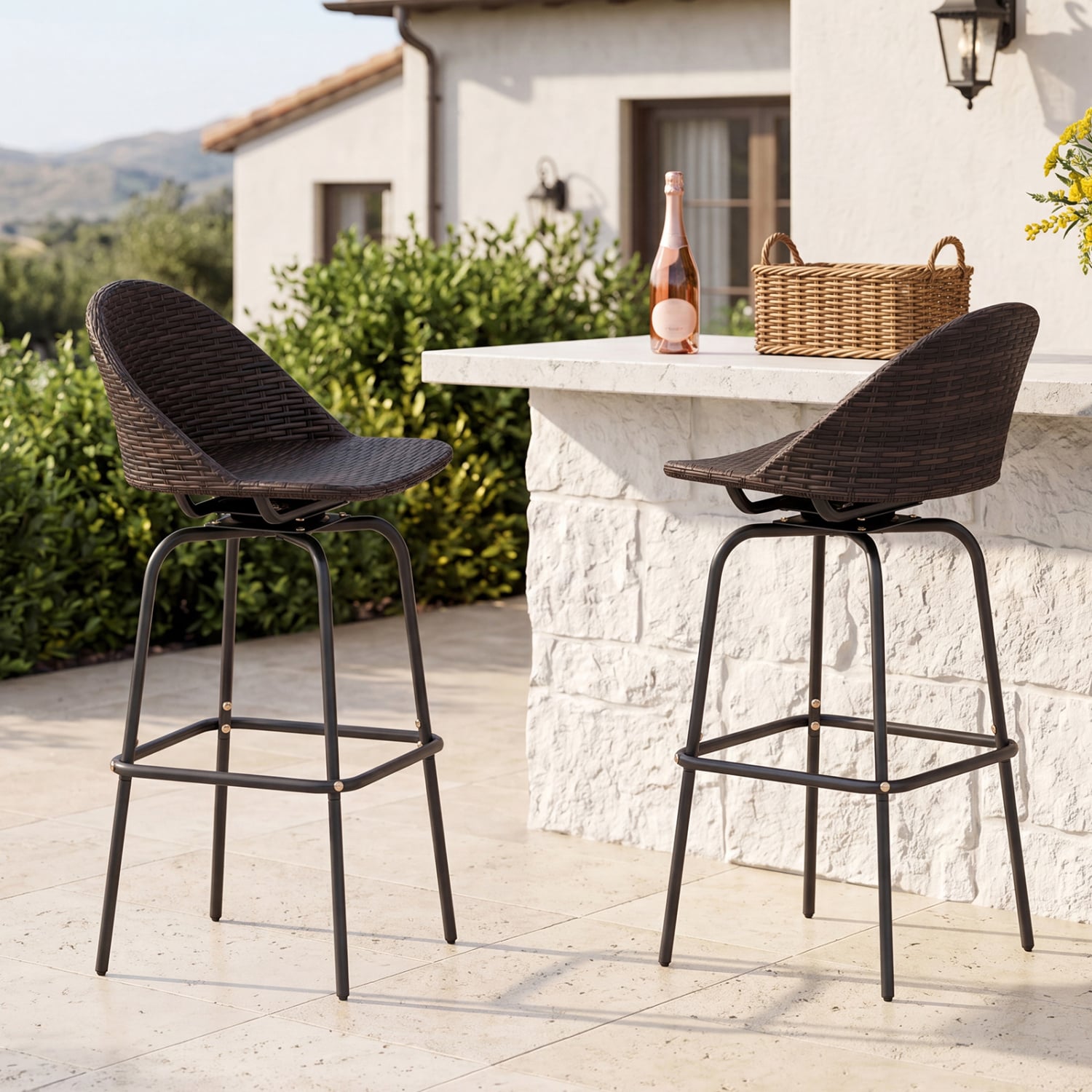 Set of 2 Patio Swivel Bar Stools, Rattan Seat, 400 LBS, Brown Patio Bar Furniture at Gallery Canada