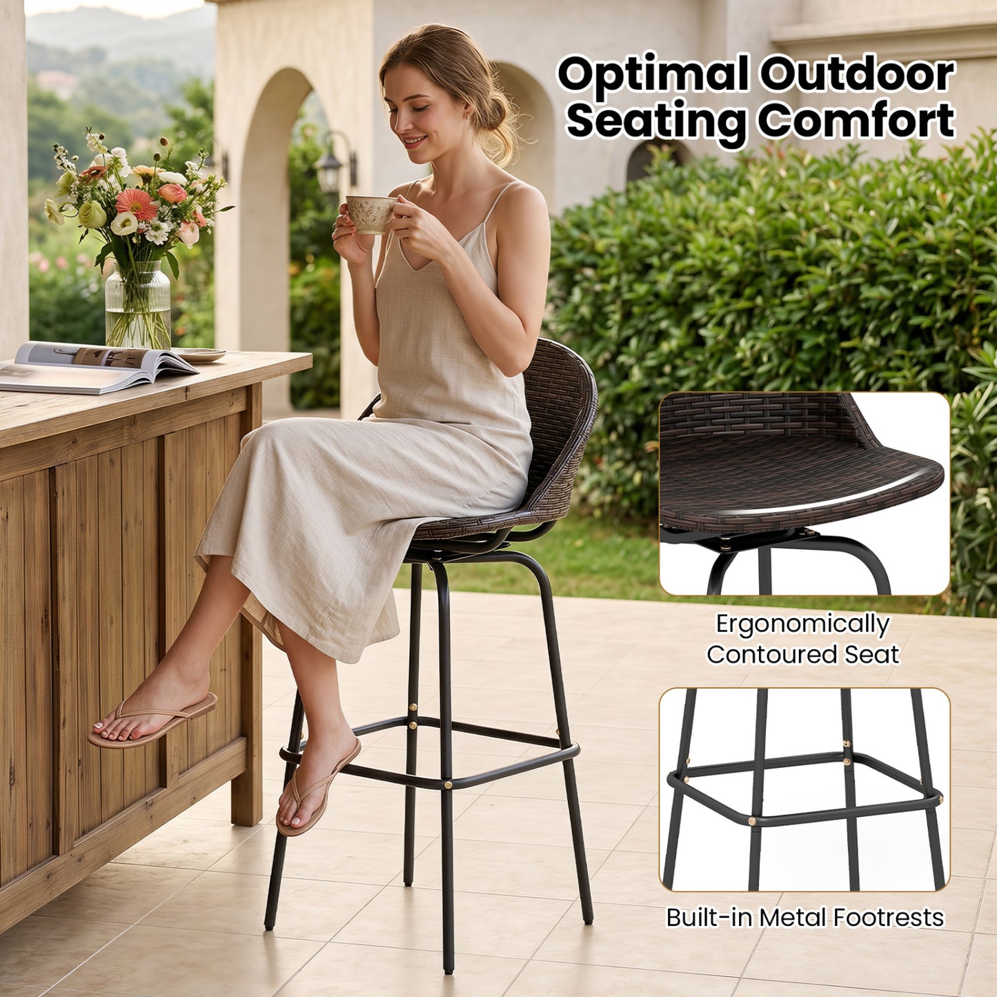 Set of 2 Patio Swivel Bar Stools, Rattan Seat, 400 LBS, Brown Patio Bar Furniture at Gallery Canada