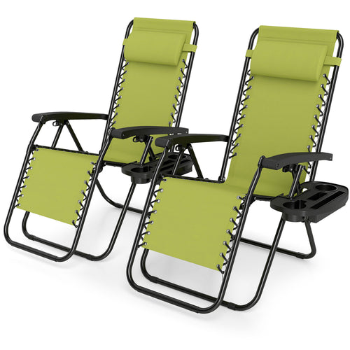 Set of 2 Portable Zero Gravity Chairs with Cup Holder Trays and Backrest , Green