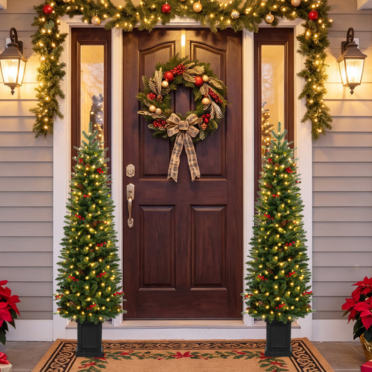 2 Pc Pre-Lit Potted Artificial Christmas Tree, 5FT, Green Christmas Tree Green at Gallery Canada