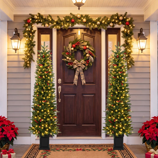 2 Pre-Lit Potted Artificial Christmas Trees, 6FT, Green Christmas Tree Green at Gallery Canada