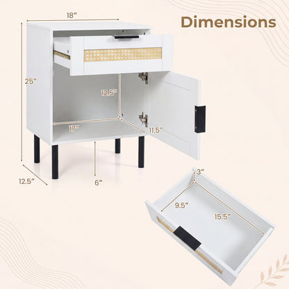 Ensemble de 2 tables de nuit en rotin avec tiroir et armoire, blanc