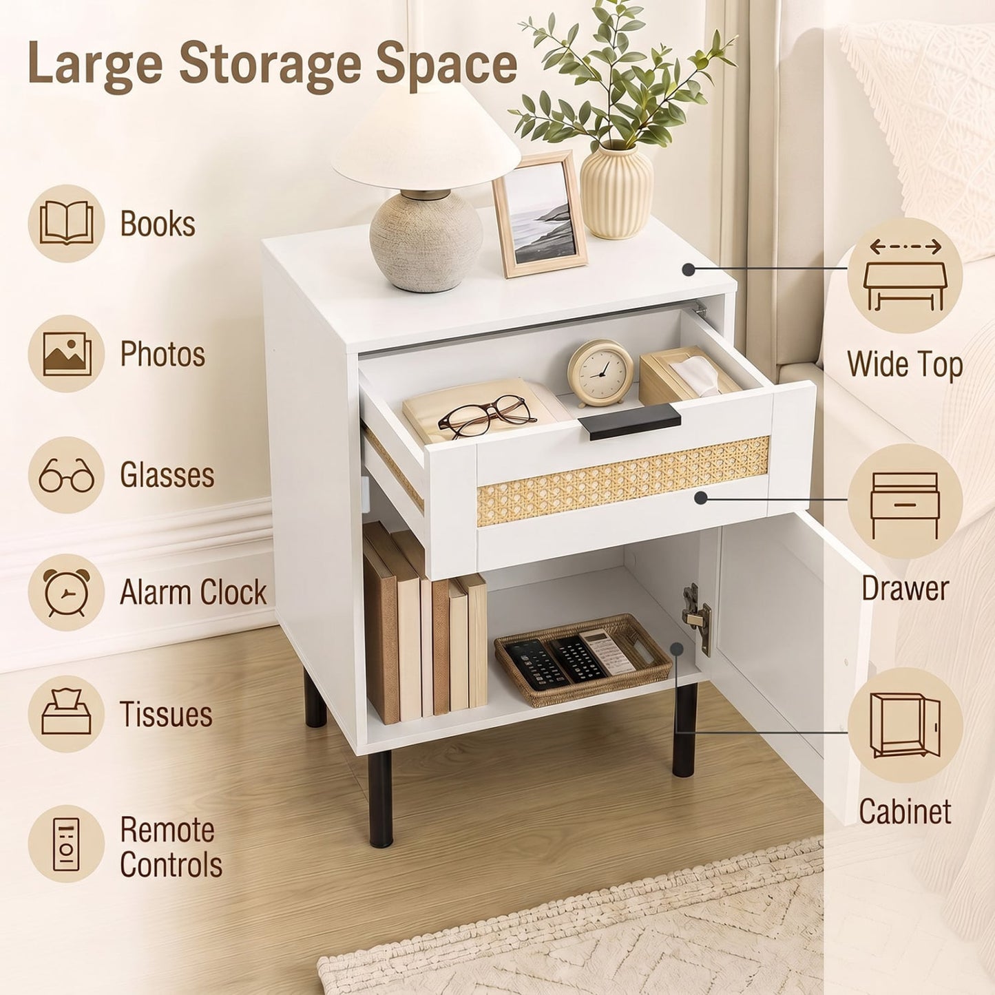 Ensemble de 2 tables de nuit en rotin avec tiroir et armoire, blanc