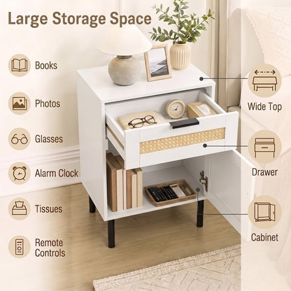 Ensemble de 2 tables de nuit en rotin avec tiroir et armoire, blanc