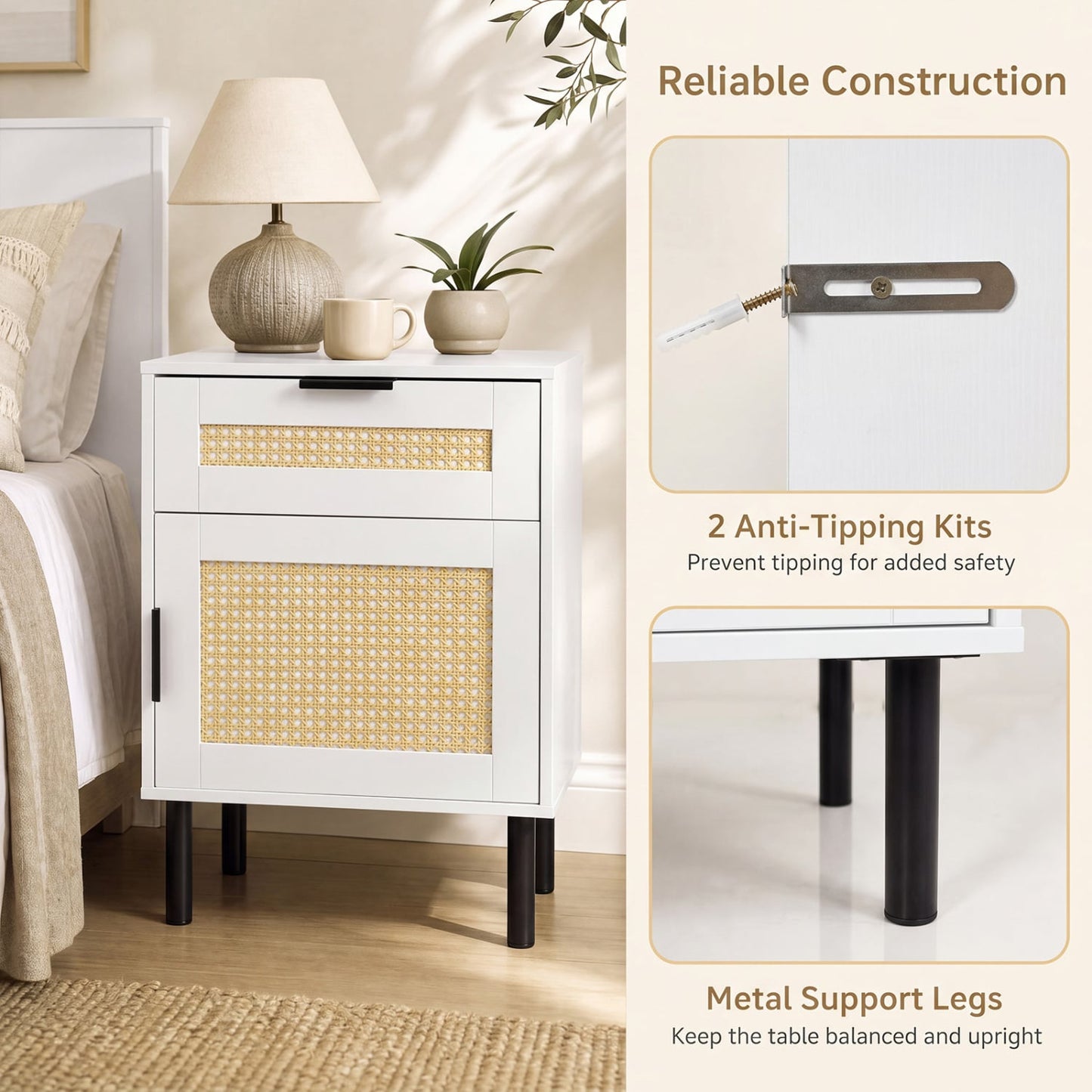 Ensemble de 2 tables de nuit en rotin avec tiroir et armoire, blanc