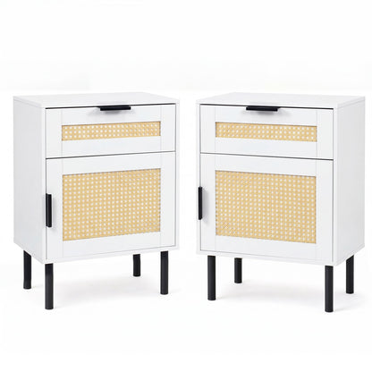Ensemble de 2 tables de nuit en rotin avec tiroir et armoire, blanc