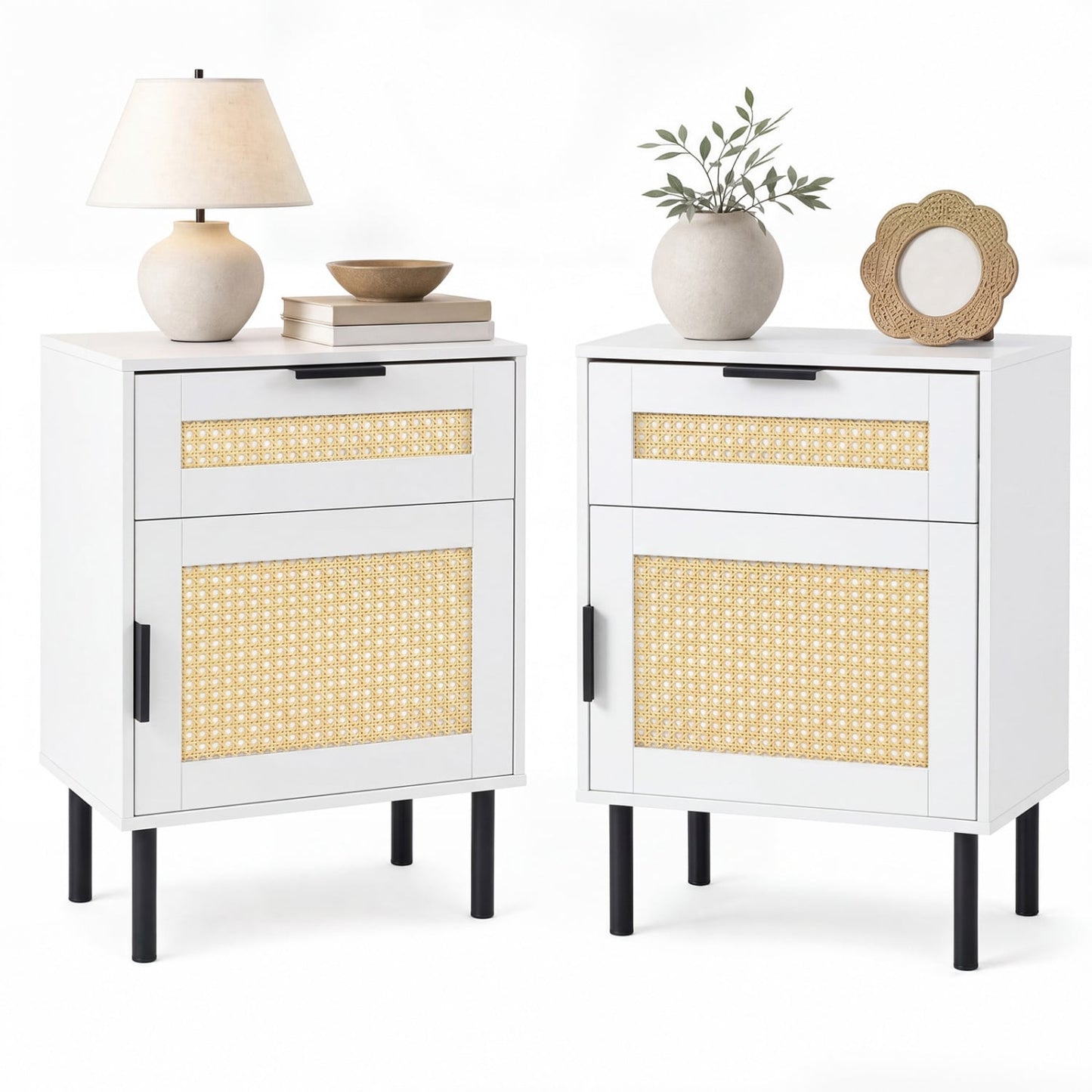 Ensemble de 2 tables de nuit en rotin avec tiroir et armoire, blanc