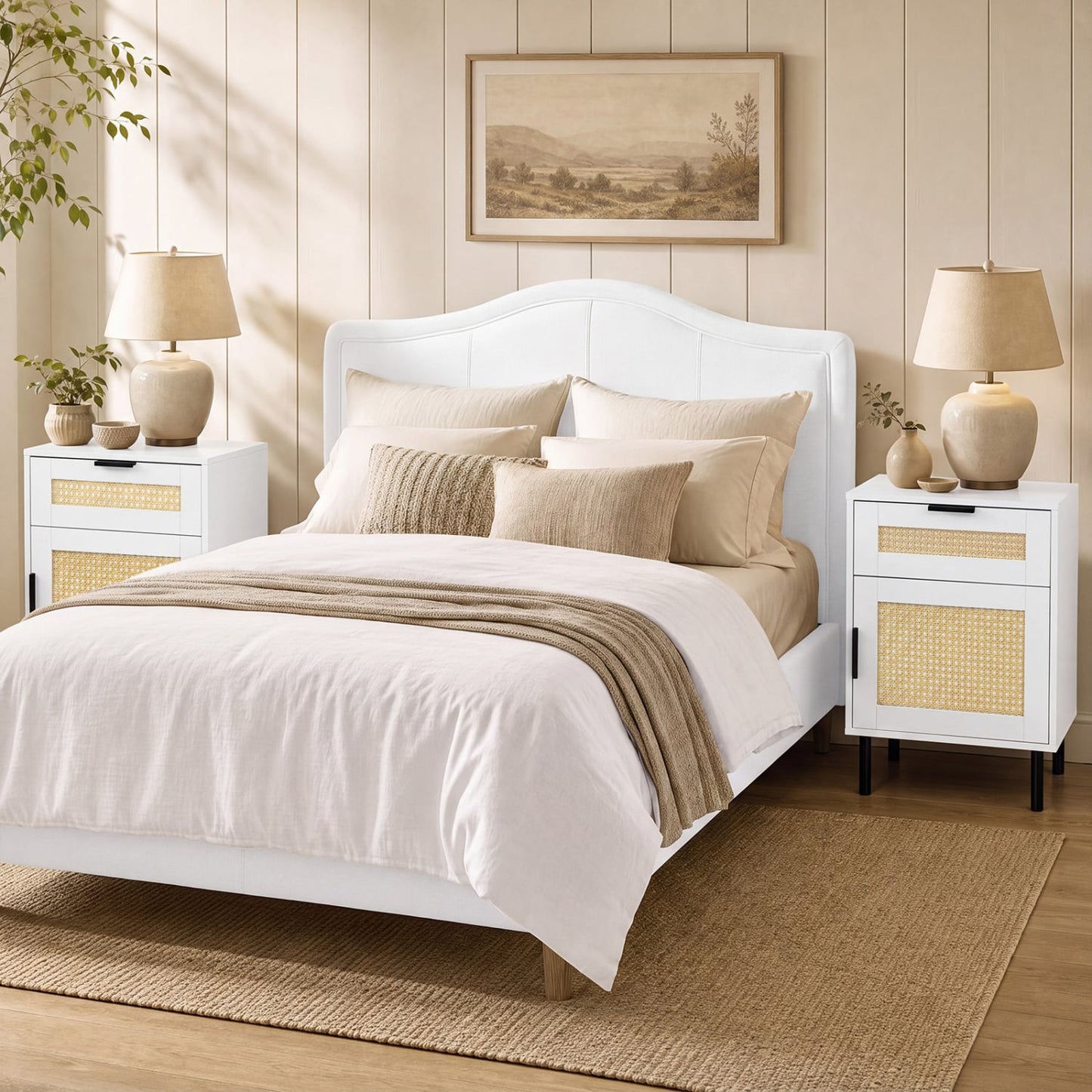 Ensemble de 2 tables de nuit en rotin avec tiroir et armoire, blanc