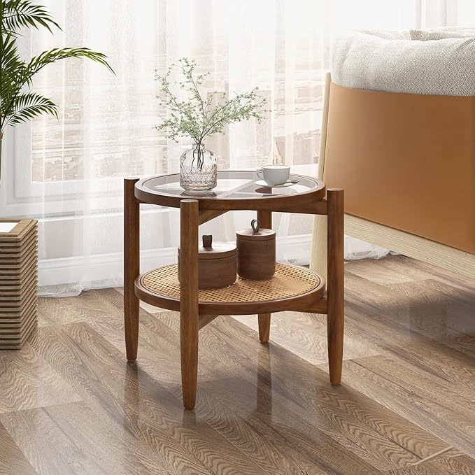 Set of 2 Rattan Round Side End Table with Tempered Glass Tabletop, Walnut End & Side Tables at Gallery Canada