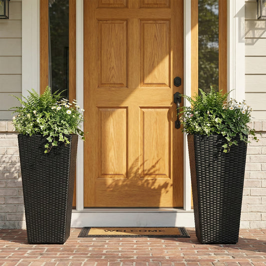 Set of 2 Rattan Tall Plant Pots with Detachable Plastic Liners, Black Raised Garden Beds Black at Gallery Canada