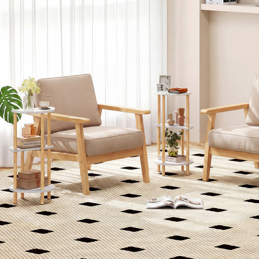 Set of 2 Round Side Table Compact with 3-Tier Shelves and Bamboo Construction, White End & Side Tables White at Gallery Canada