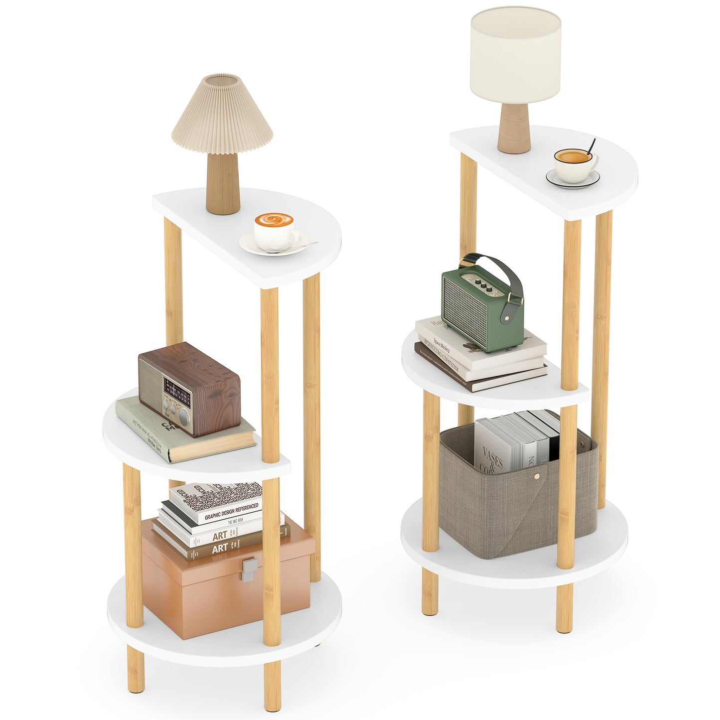 Set of 2 Round Side Table Compact with 3-Tier Shelves and Bamboo Construction, White End & Side Tables at Gallery Canada