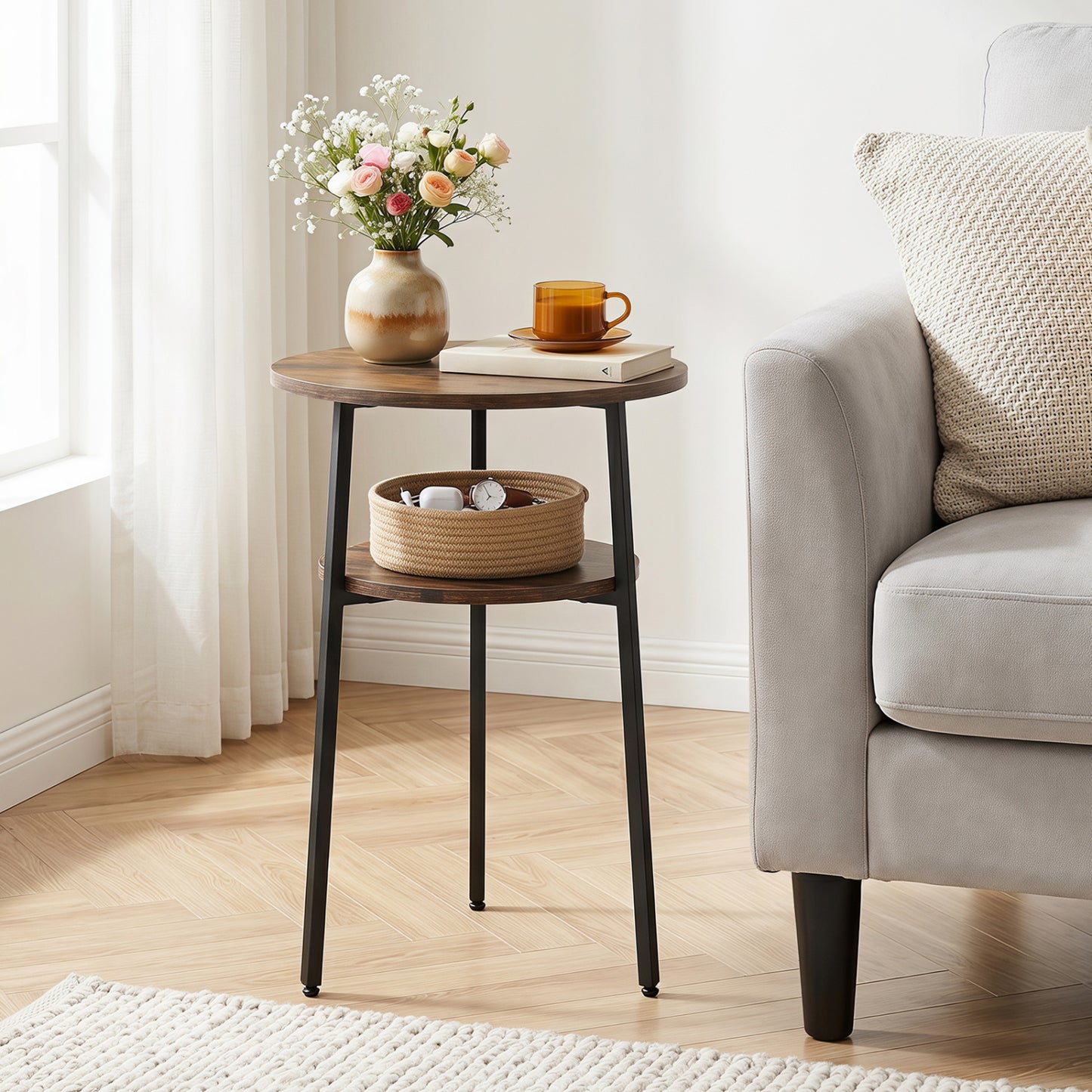 Set of 2 Round Side Tables with Storage Shelf, Rustic Brown