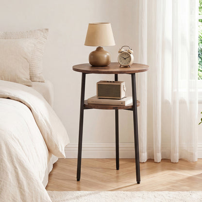Set of 2 Round Side Tables with Storage Shelf, Rustic Brown