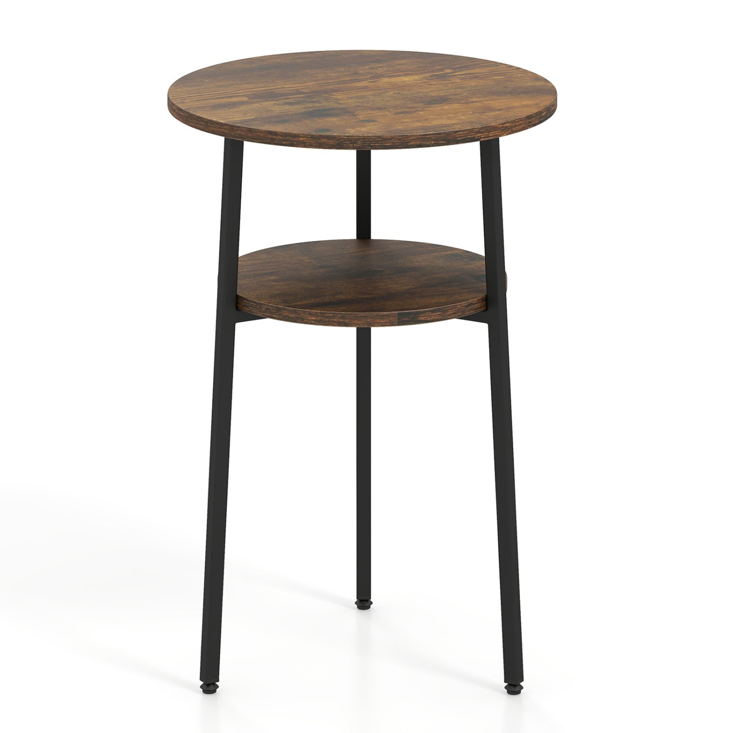 Set of 2 Round Side Tables with Storage Shelf, Rustic Brown