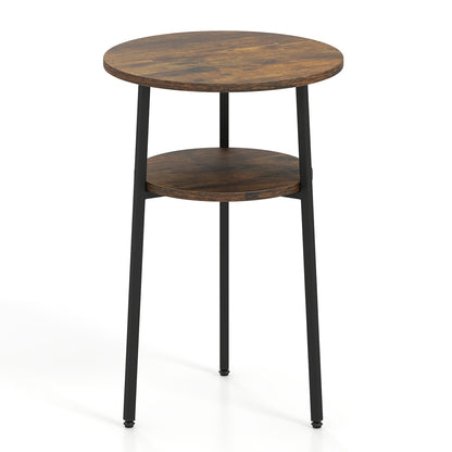Set of 2 Round Side Tables with Storage Shelf, Rustic Brown