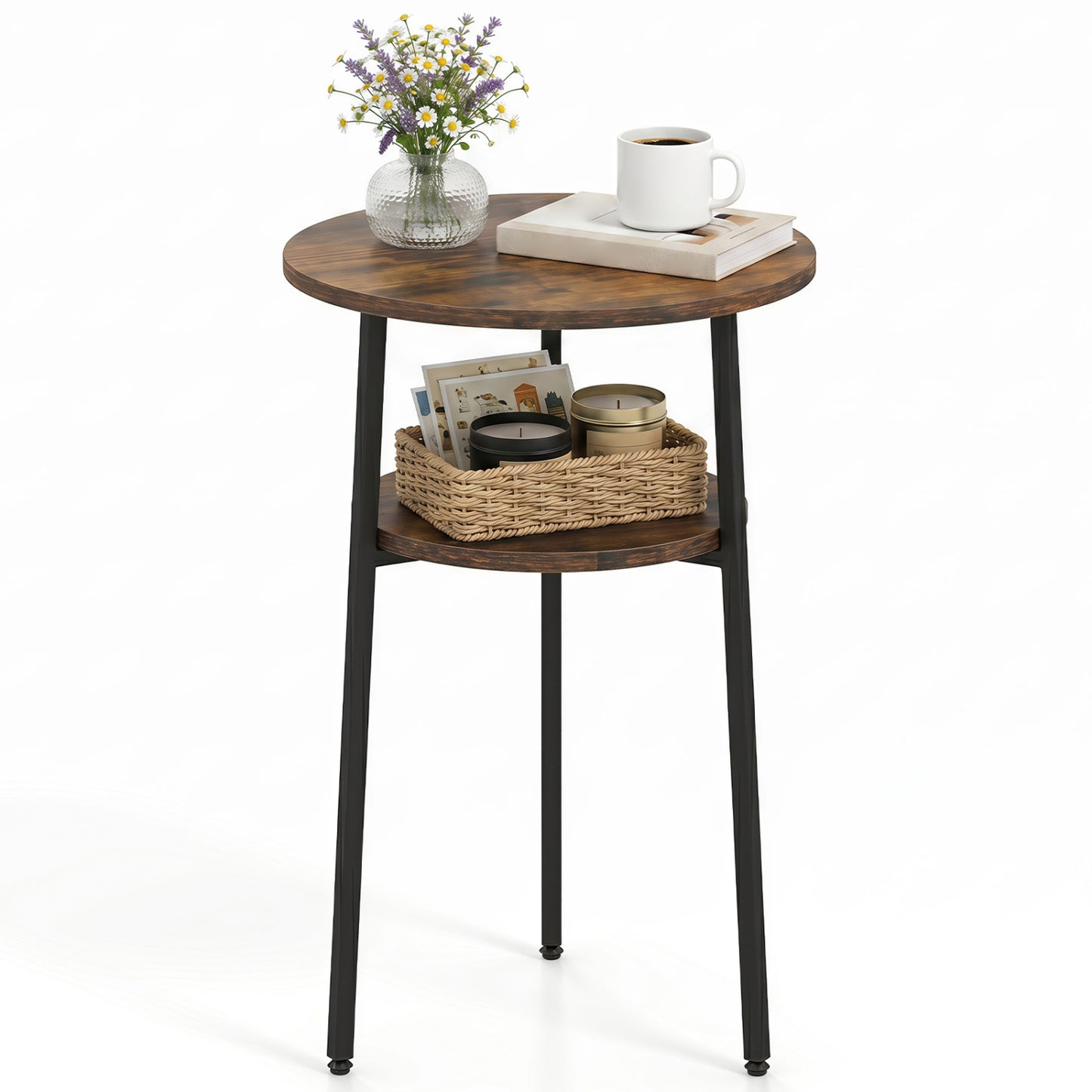 Set of 2 Round Side Tables with Storage Shelf, Rustic Brown