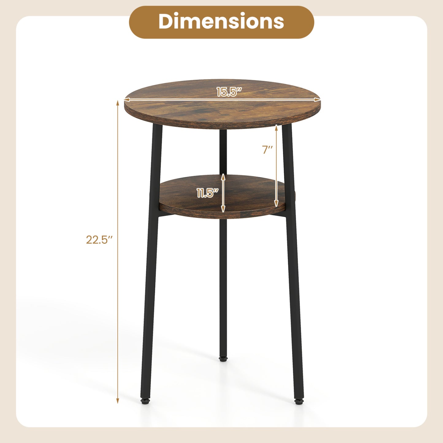 Set of 2 Round Side Tables with Storage Shelf, Rustic Brown