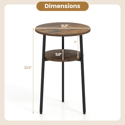 Set of 2 Round Side Tables with Storage Shelf, Rustic Brown