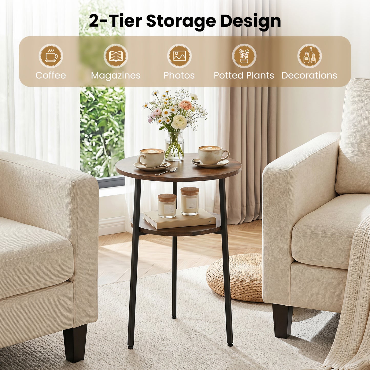 Set of 2 Round Side Tables with Storage Shelf, Rustic Brown