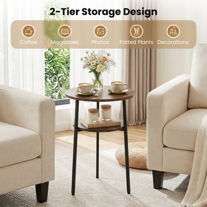 Set of 2 Round Side Tables with Storage Shelf, Rustic Brown