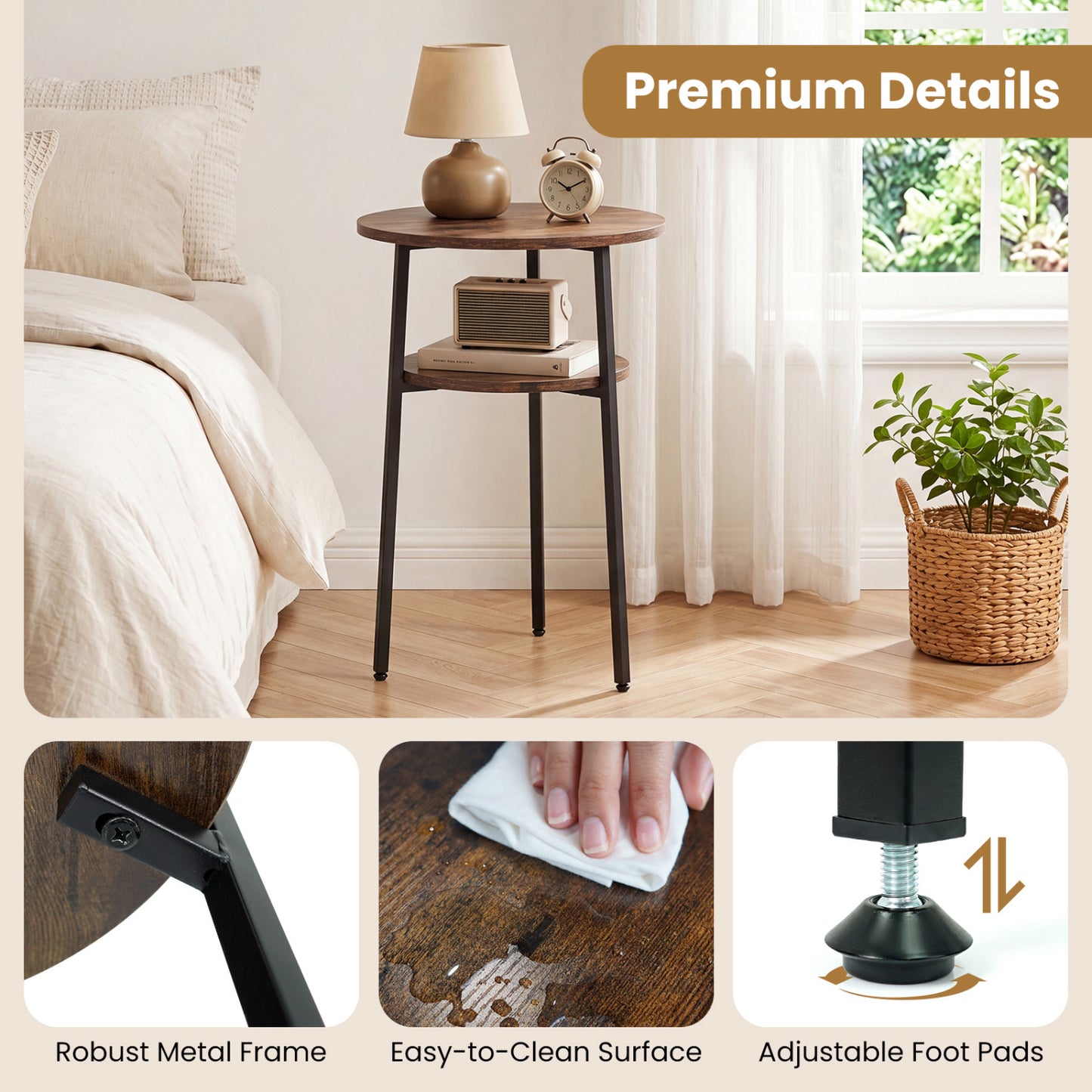 Set of 2 Round Side Tables with Storage Shelf, Rustic Brown
