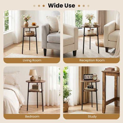 Set of 2 Round Side Tables with Storage Shelf, Rustic Brown