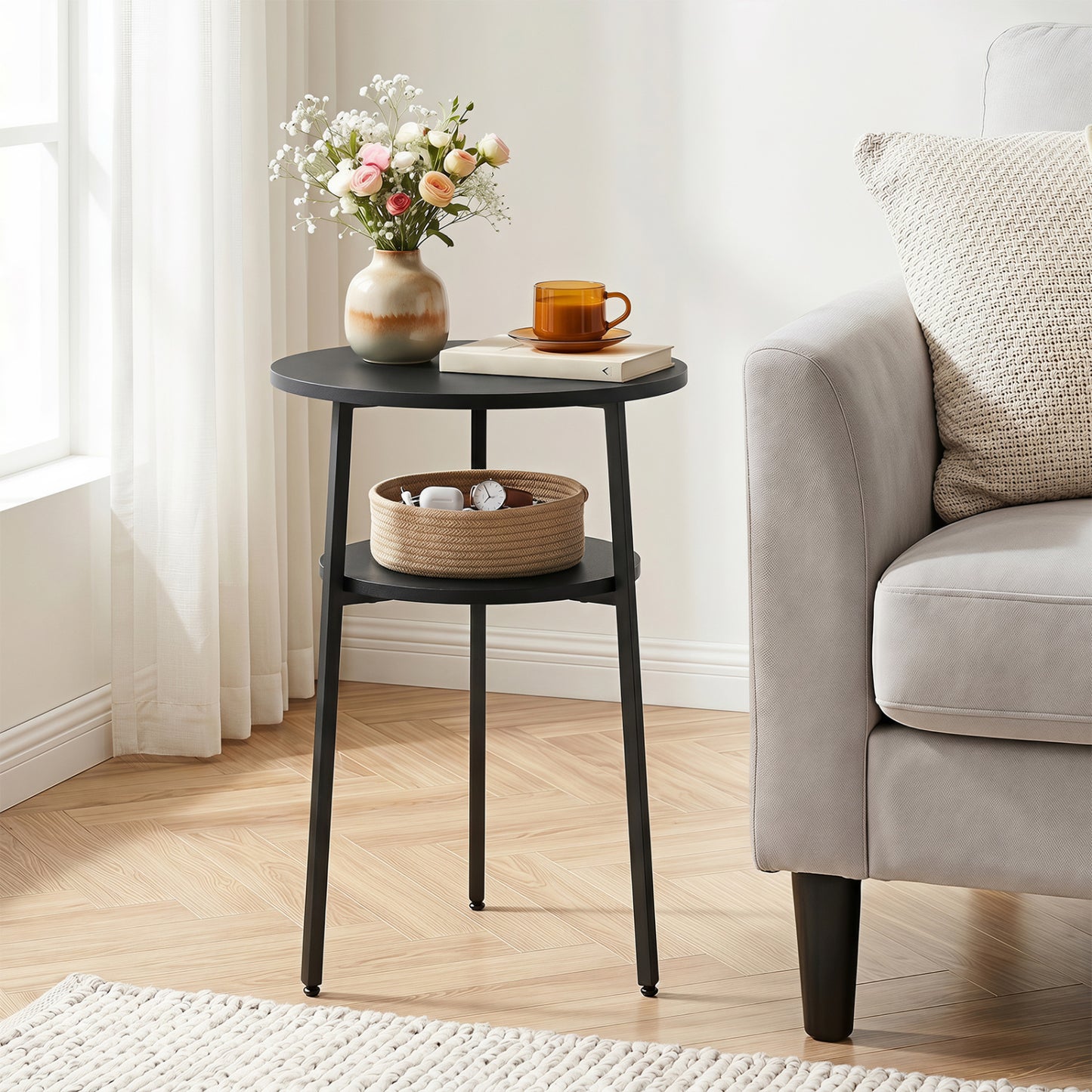 Ensemble de 2 tables d'appoint rondes avec étagère, noir