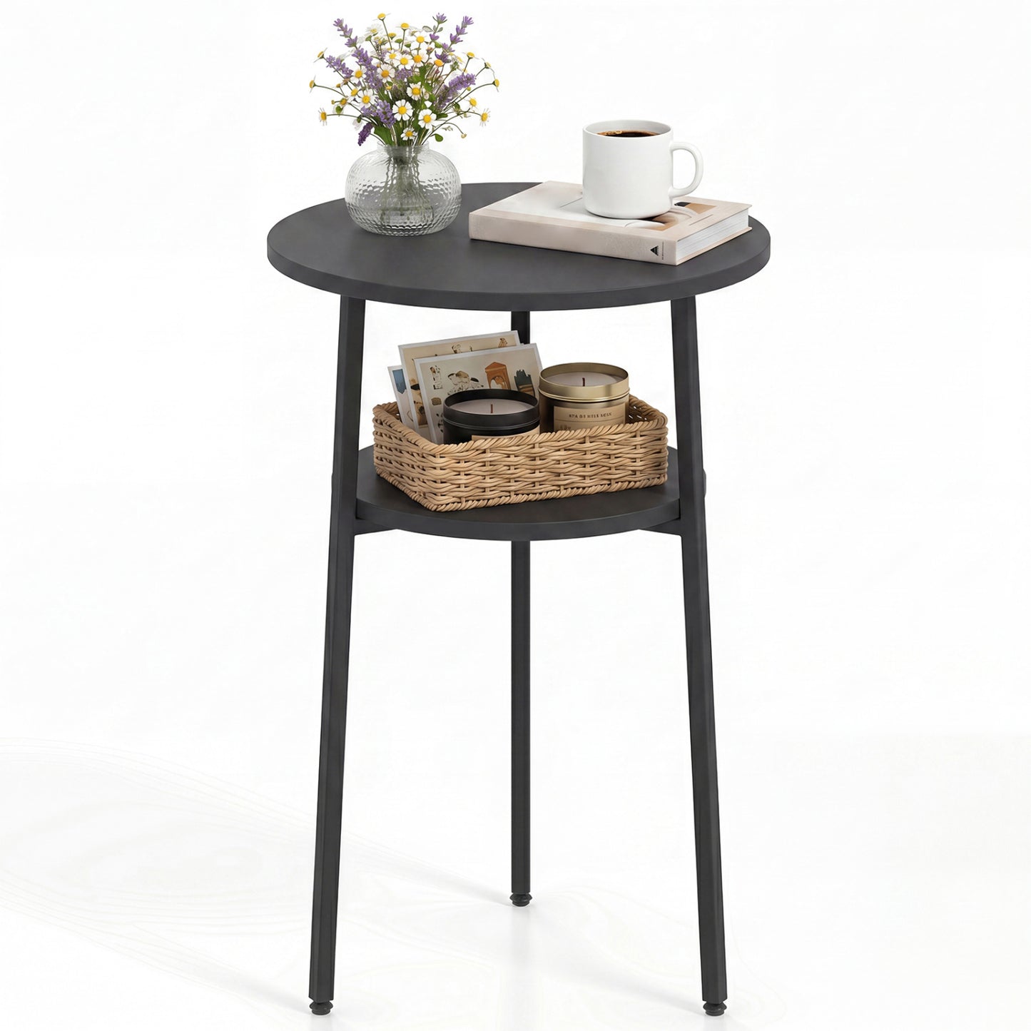 Ensemble de 2 tables d'appoint rondes avec étagère, noir