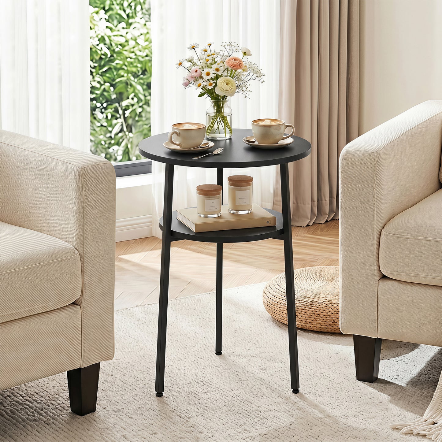 Ensemble de 2 tables d'appoint rondes avec étagère, noir