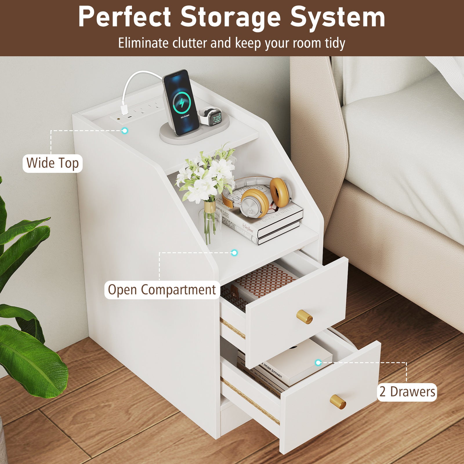 Set of 2 Side End Tables with Charging Station Sofa Couch Tables with Shelf Drawers, White End & Side Tables at Gallery Canada