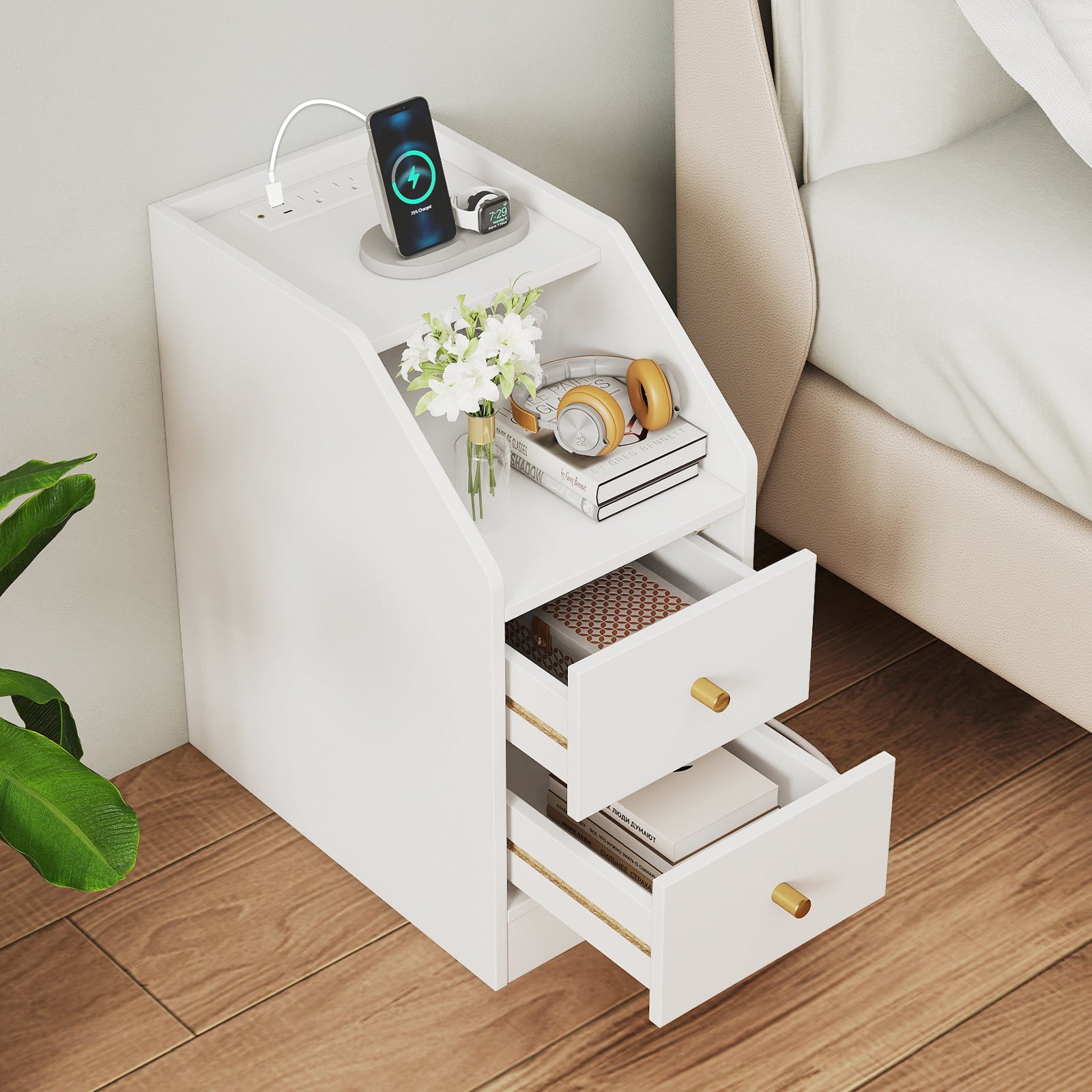 Set of 2 Side End Tables with Charging Station Sofa Couch Tables with Shelf Drawers, White End & Side Tables at Gallery Canada