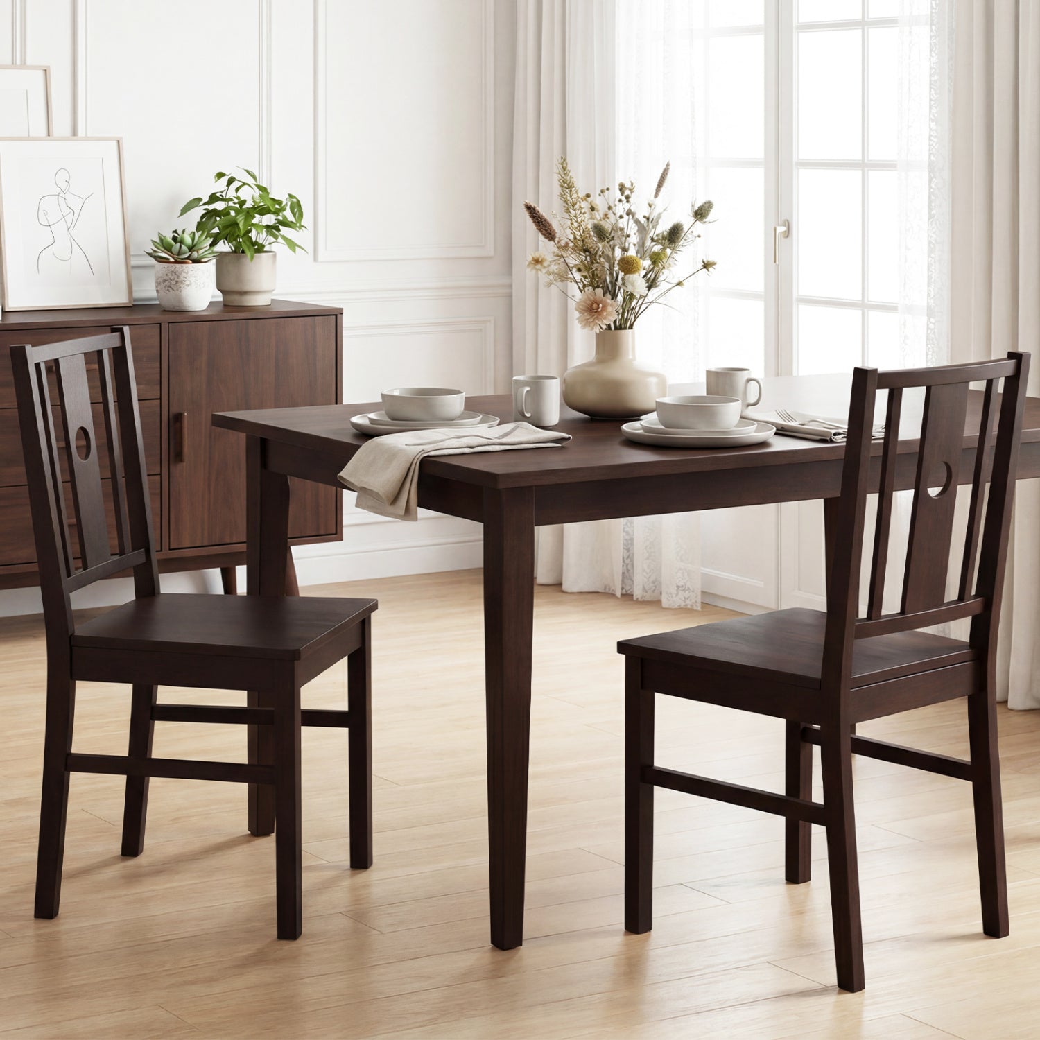 Set of 2 Solid Rubber Wood Kitchen Chairs with Slatted Curved Backrest, Coffee Dining Chairs at Gallery Canada