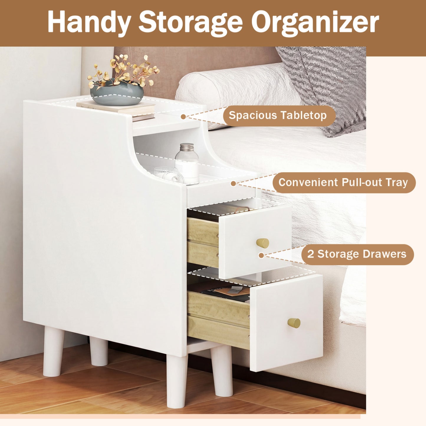 Set Of 2 Solid Wood Nightstand With Pull-out Tray, White Nightstands at Gallery Canada