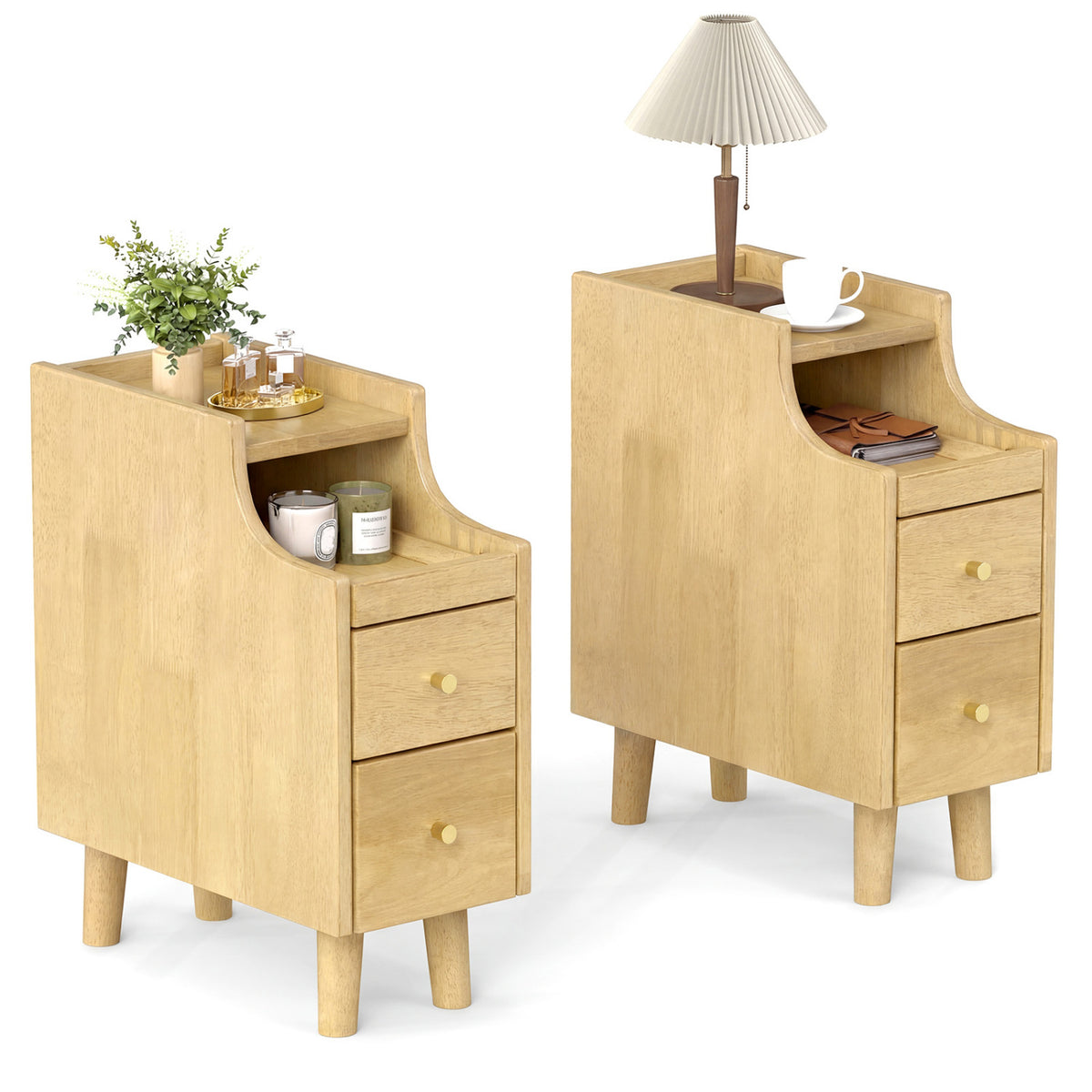 Set of 2 Solid Wood Nightstand with Pull-Out Tray, Drawers, Natural Nightstands at Gallery Canada