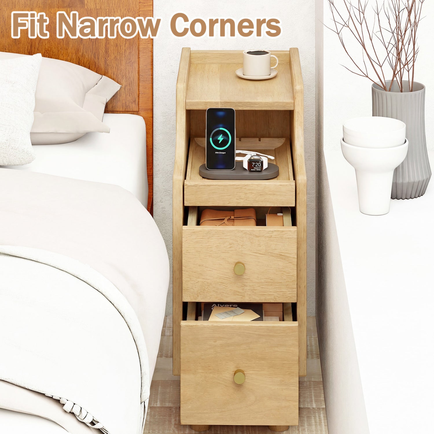 Set of 2 Solid Wood Nightstand with Pull-Out Tray, Drawers, Natural Nightstands at Gallery Canada