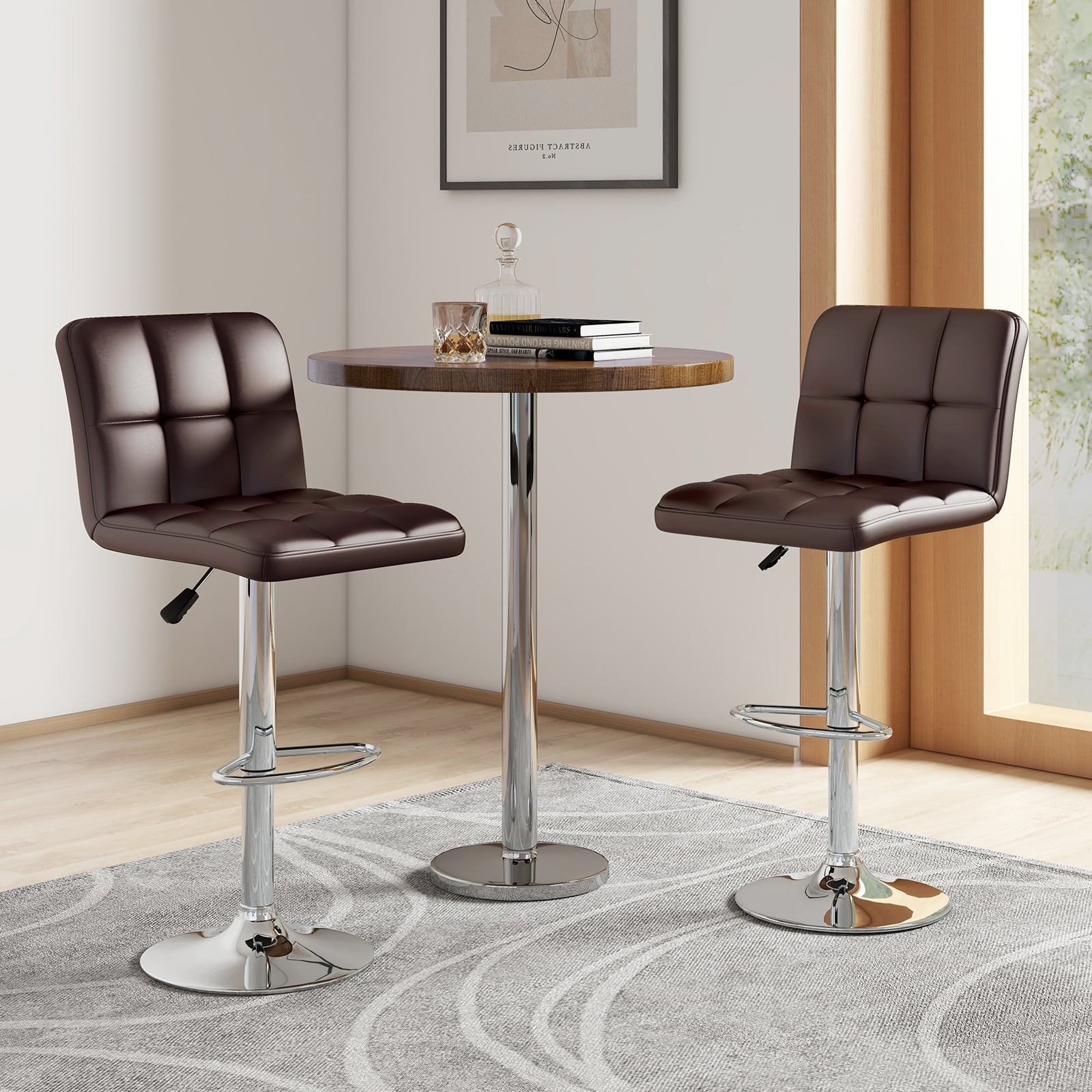Square Swivel Adjustable PU Leather Bar Stools, Set of 2, Brown Bar Stools at Gallery Canada