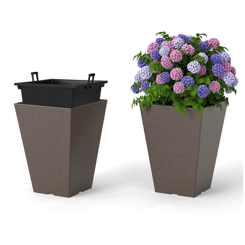 Square Taper Planter Set of 2, S, Removable Inner Bucket, Brown