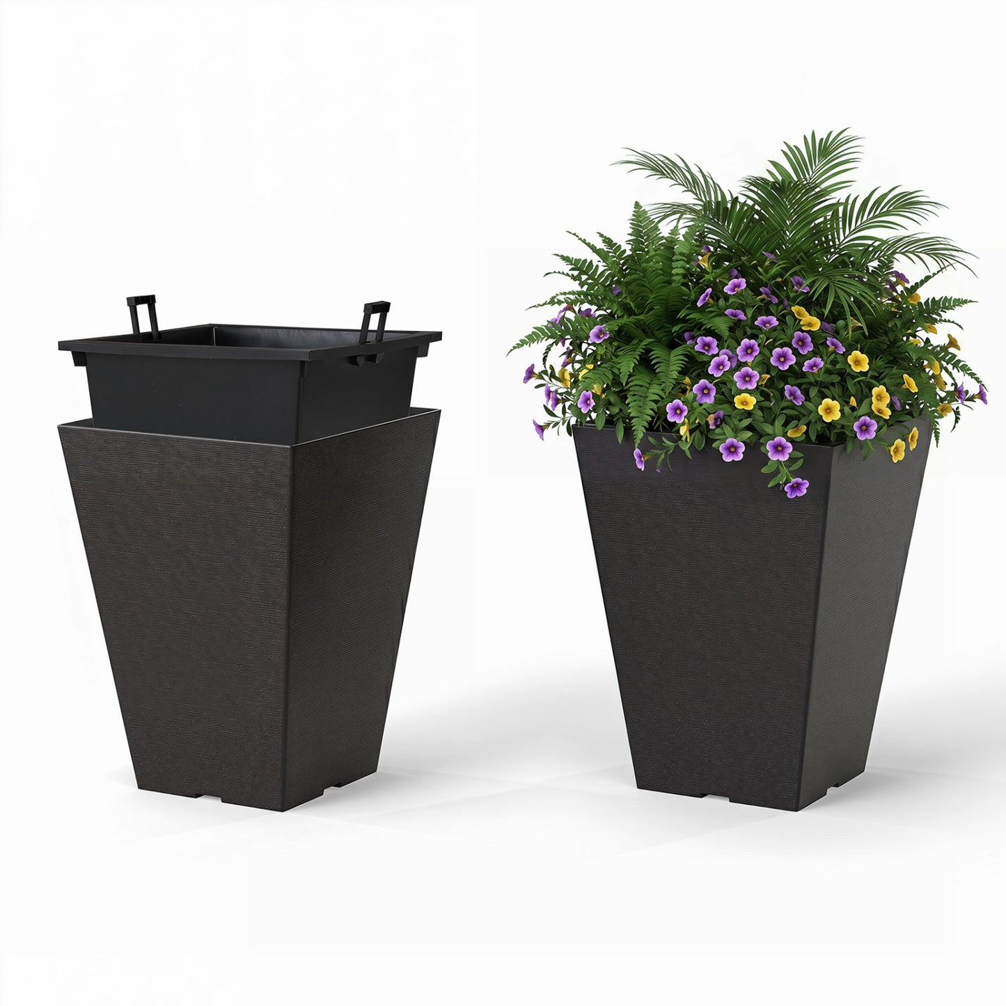 Set of 2 Square Taper Planter with Optional Drainage Hole and Removable Inner Bucket, Black Raised Garden Beds at Gallery Canada