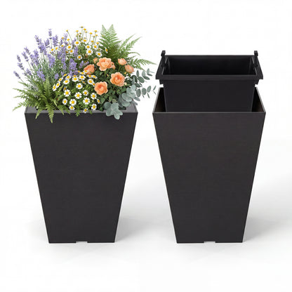 Set of 2 Square Taper Planter with Optional Drainage Hole and Removable Inner Bucket, Black Raised Garden Beds at Gallery Canada