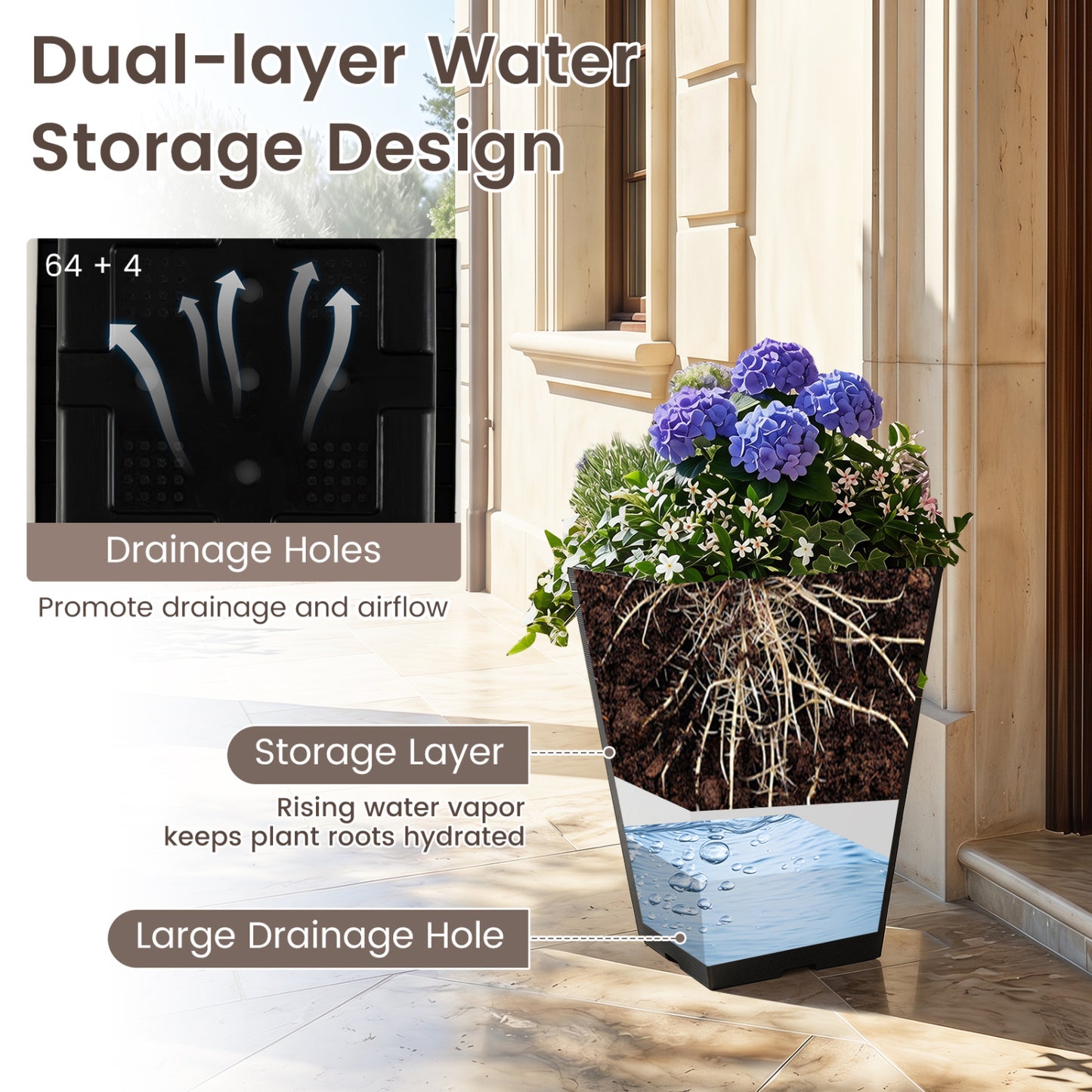 Set of 2 Square Taper Planter with Optional Drainage Hole and Removable Inner Bucket, Black Raised Garden Beds at Gallery Canada