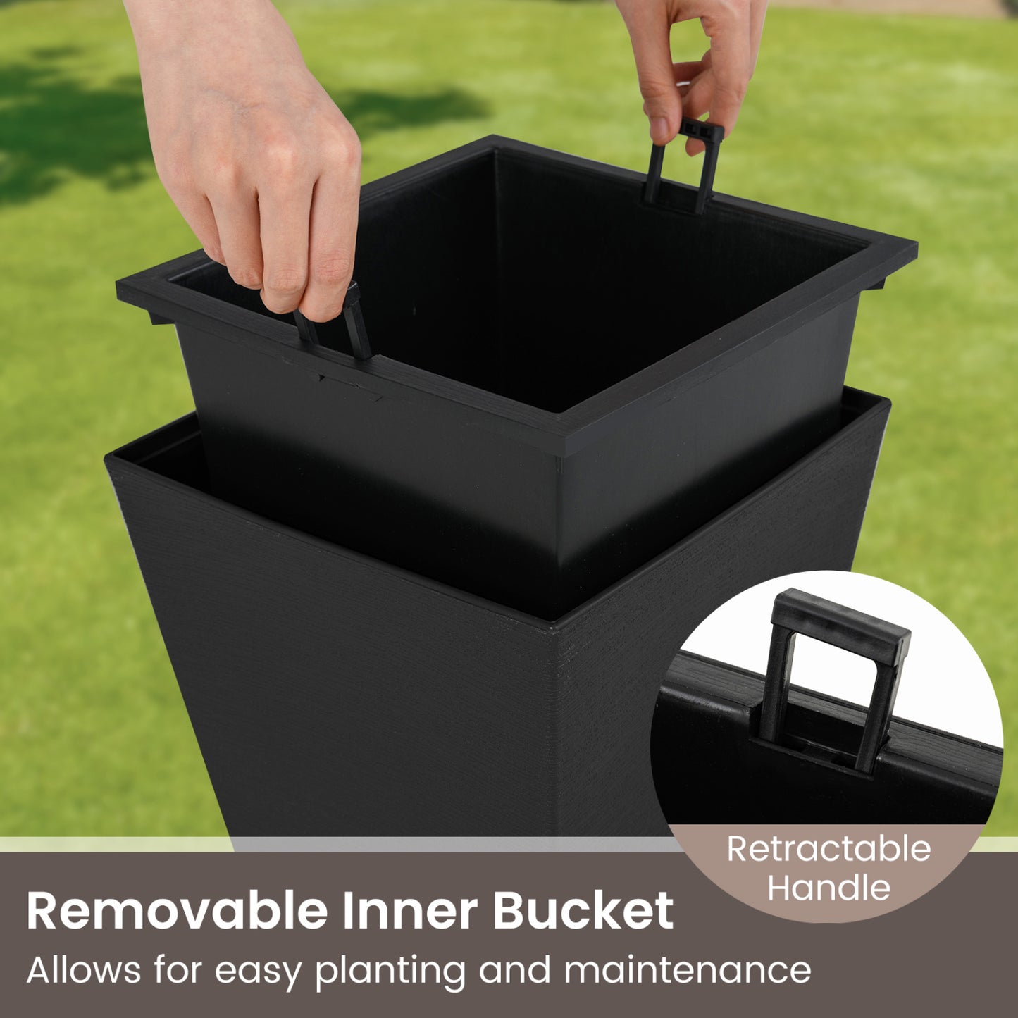 Set of 2 Square Taper Planter with Optional Drainage Hole and Removable Inner Bucket, Black Raised Garden Beds at Gallery Canada
