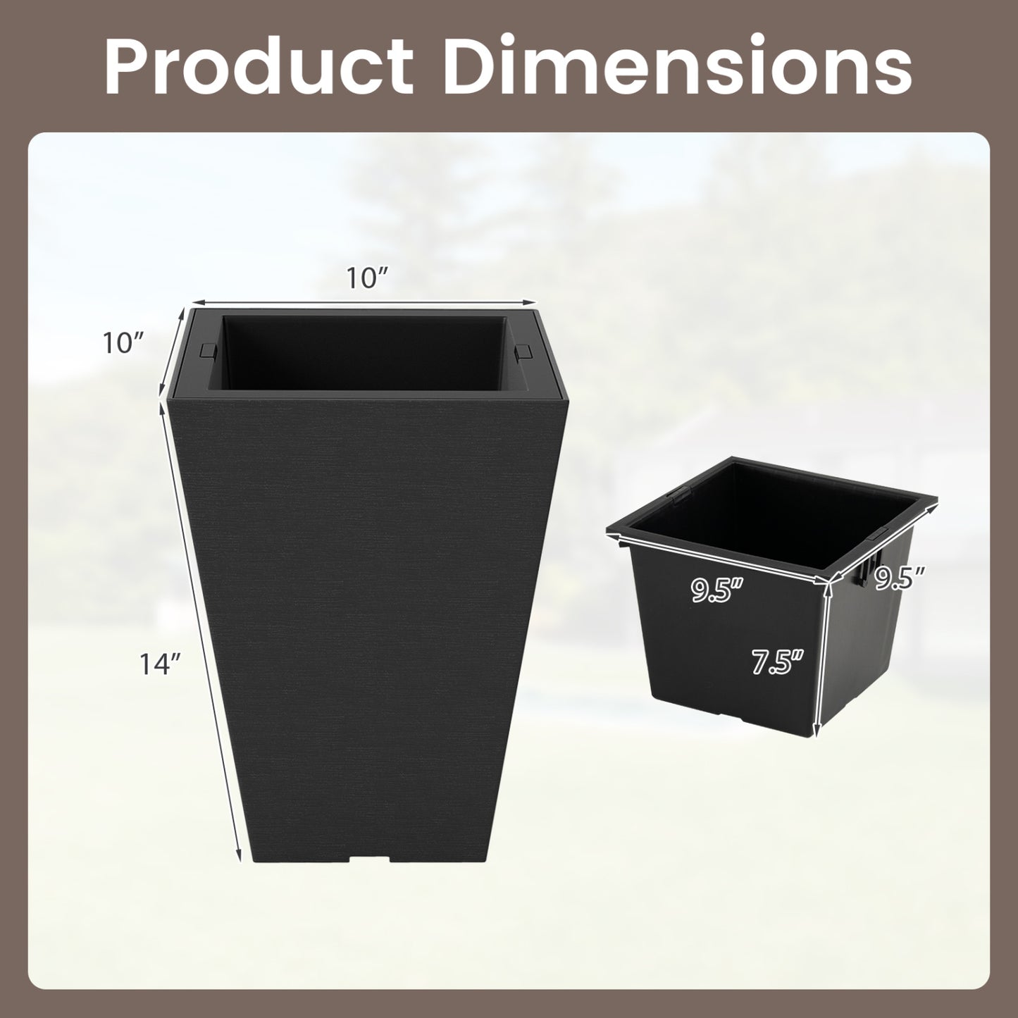 Set of 2 Square Taper Planter with Optional Drainage Hole and Removable Inner Bucket, Black Raised Garden Beds at Gallery Canada